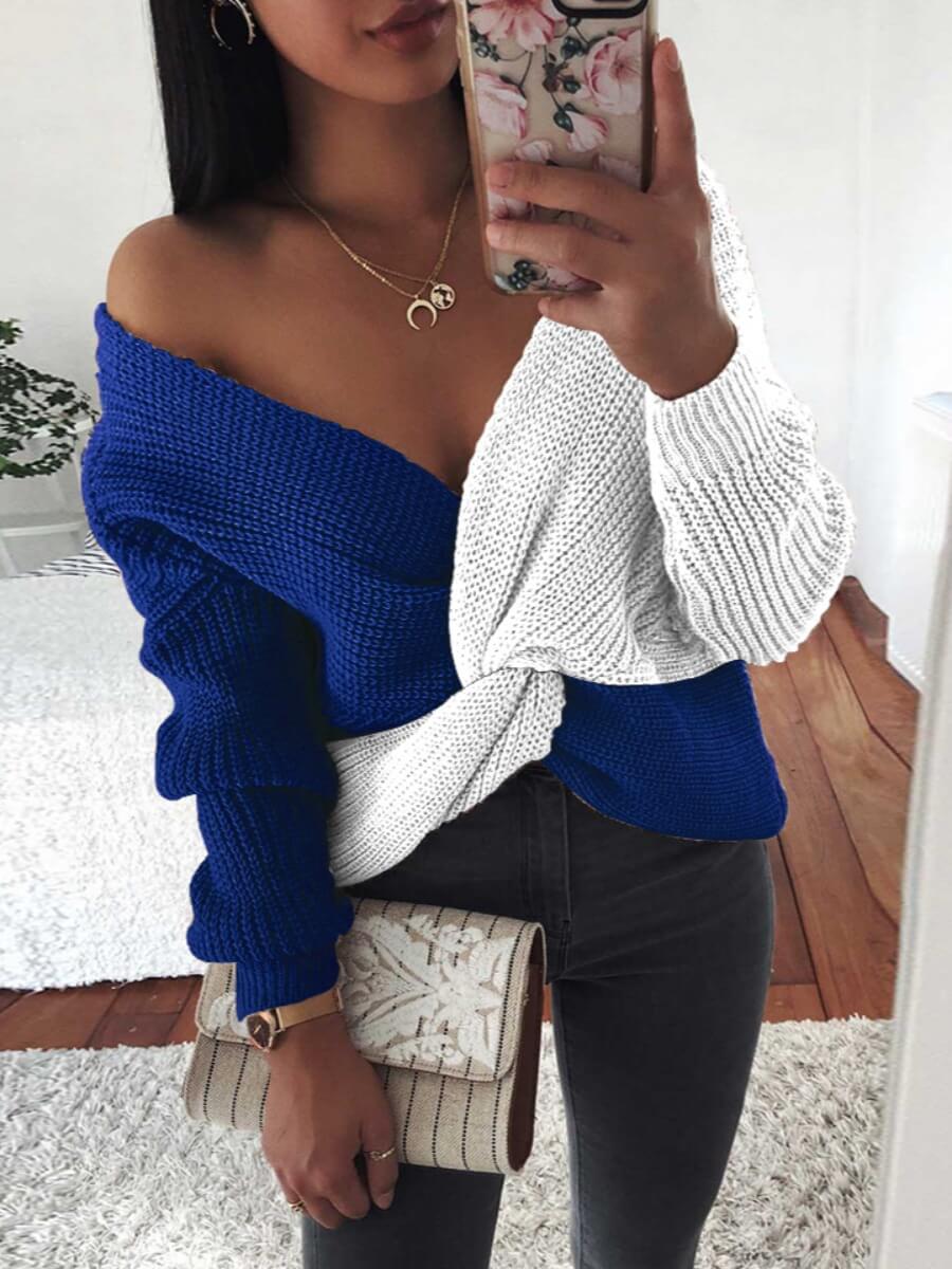 

Lovely Trendy V Neck Knot Design Patchwork Blue Sweater