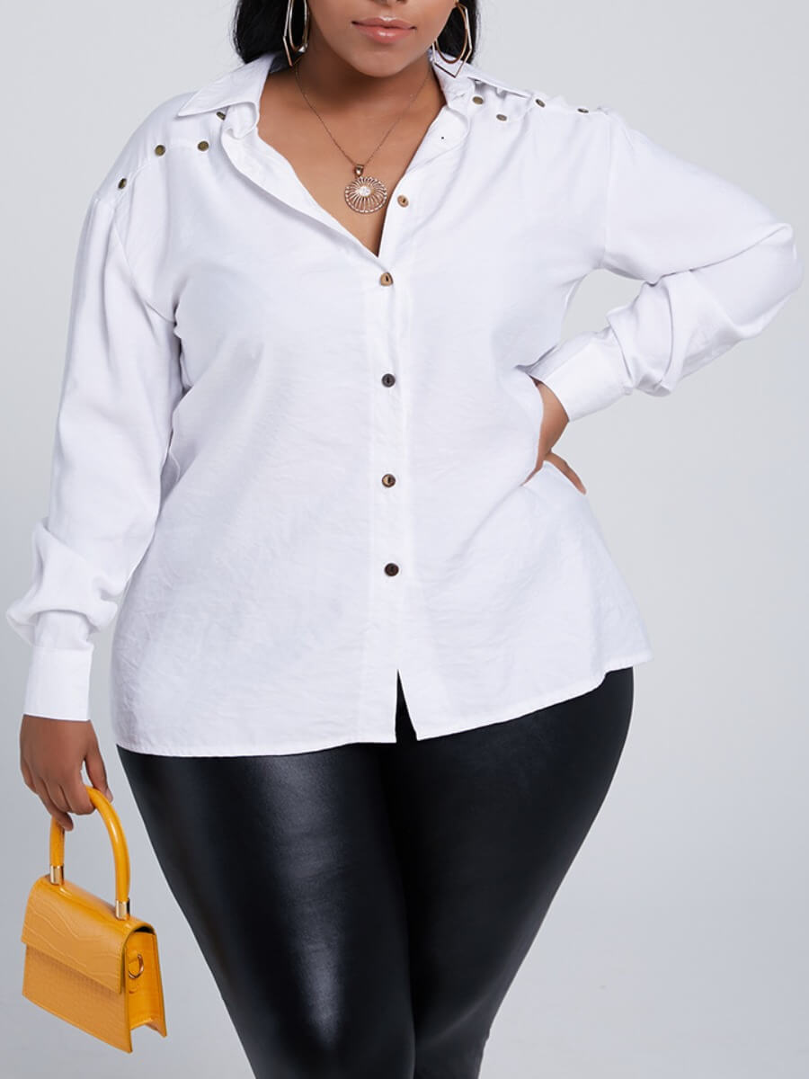 

Lovely Trendy Turndown Collar Buttons Design White Plus Size Blouse