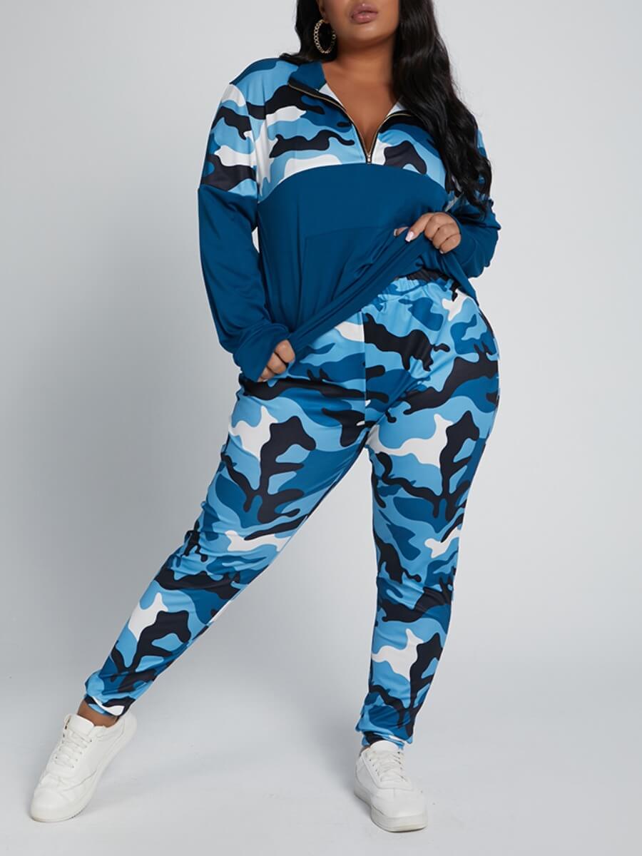 

Lovely Casual Camo Print Patchwork Blue Plus Size Two-piece Pants Set
