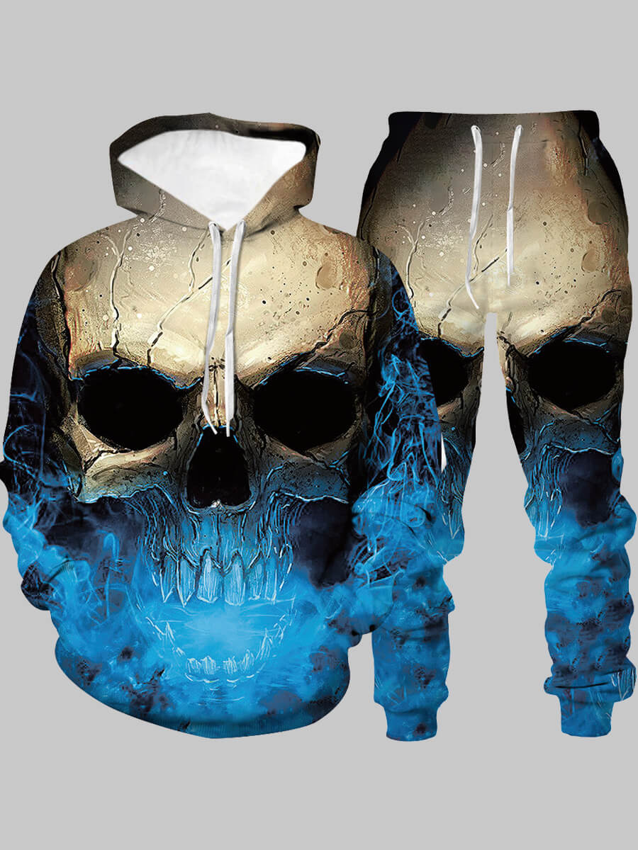 

LW Men Street Hooded Collar Skull Print Multicolor Two-piece Pants Set, Multi