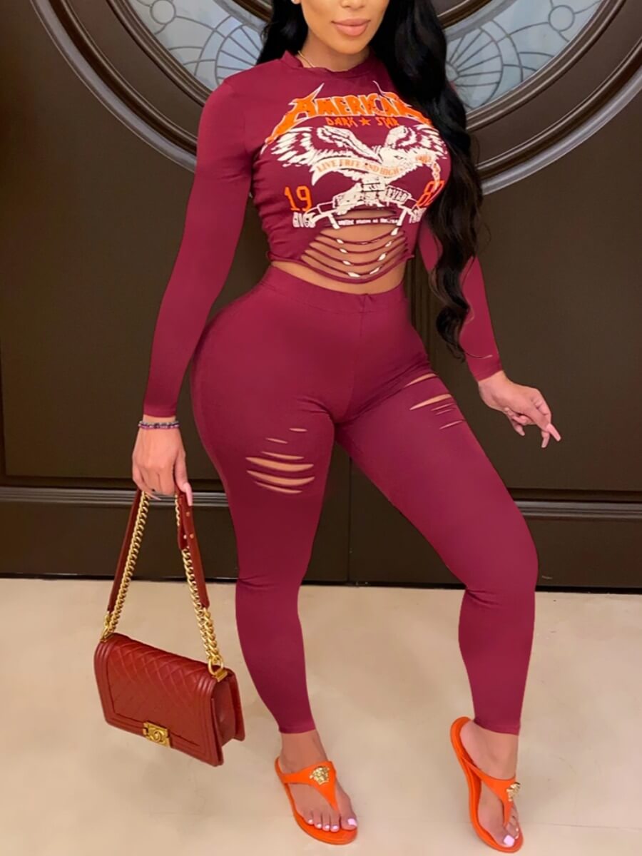 

LW Letter Print Ripped Pants Set, Wine red
