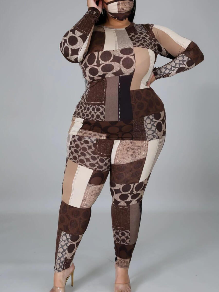 

Lovely Plus Size Stylish O Neck Print Brown Two-piece Pants Set
