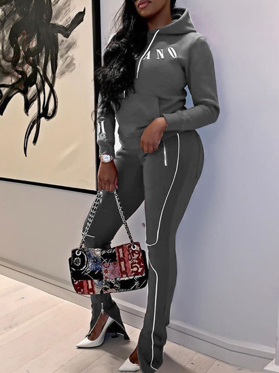 

lovely Sportswear Hooded Collar Letter Print Grey Two Piece Pants Set