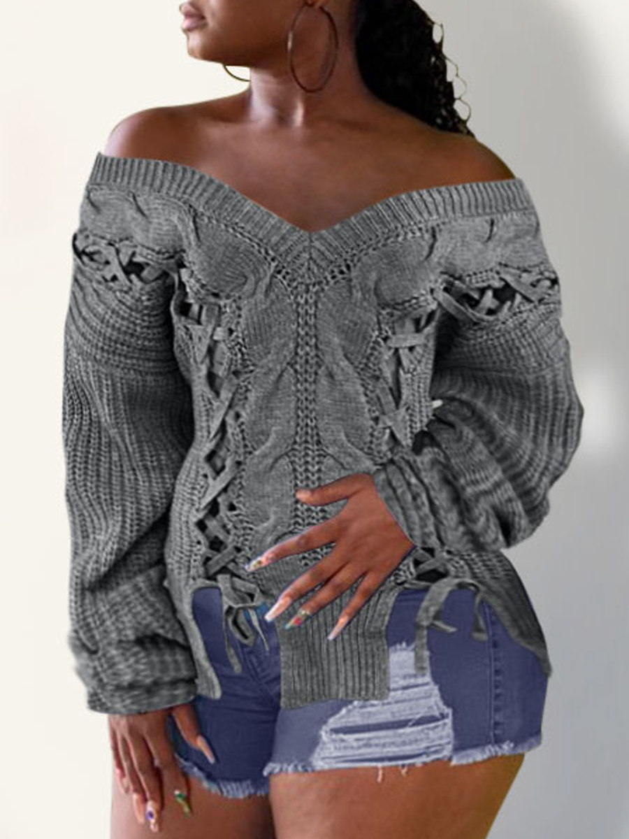 

Lovely Sexy V Neck Asymmetrical Grey Sweater