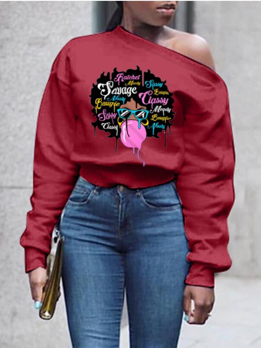 

Lovely Casual O Neck Print Red Hoodie