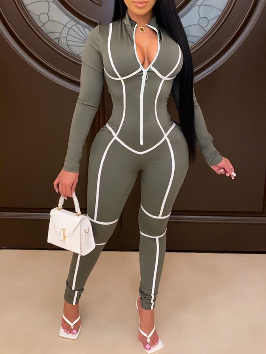 

Lovely Sportswear Patchwork Zipper Design Grey One-piece Jumpsuit
