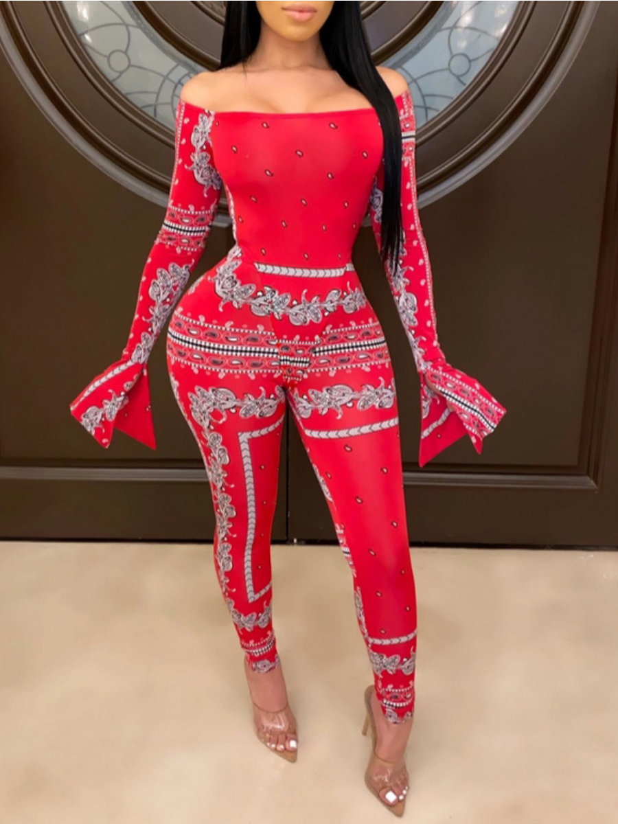 

lovely Trendy Dew Shoulder Print Skinny Red One-piece Jumpsuit