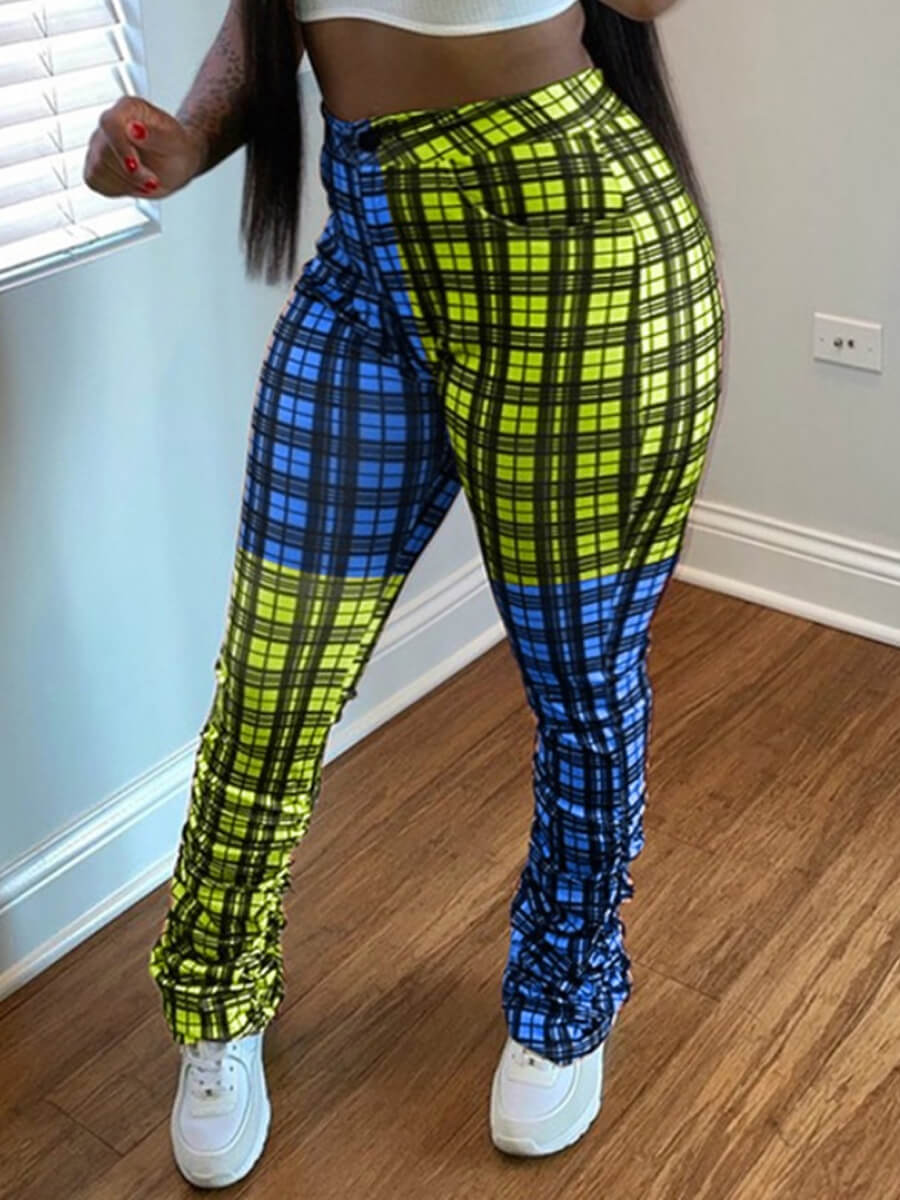 

Lovely Casual Grid Print Patchwork Blue Plus Size Pants