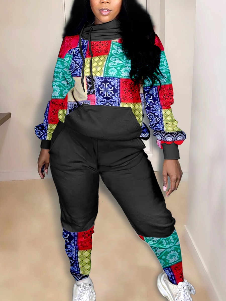 

lovely Trendy Hooded Collar Print Black Two Piece Pants Set