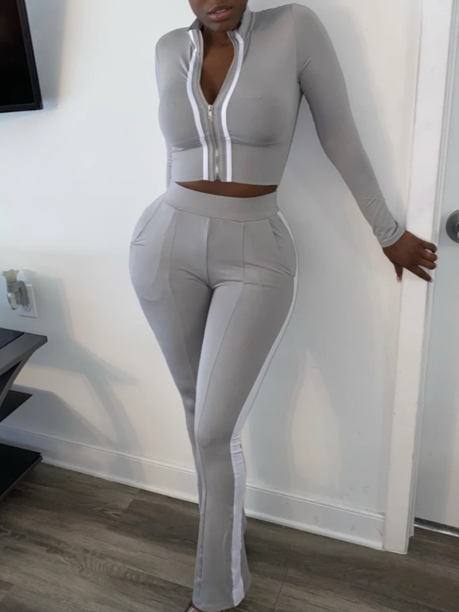 

Lovely Sportswear Zipper Design Patchwork Grey Two Piece Pants Set