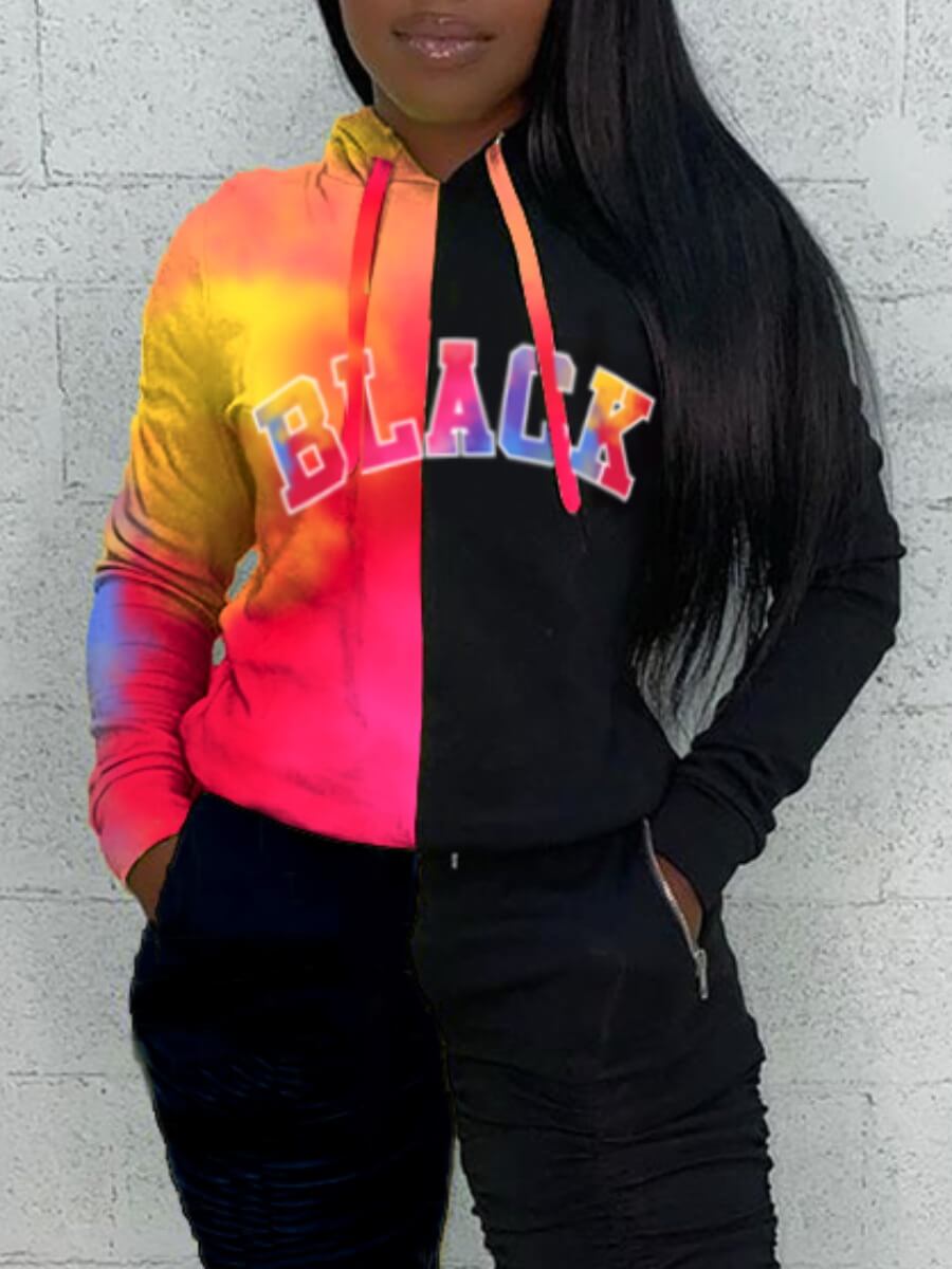 lovely Casual Hooded Collar Print Patchwork Black Hoodie