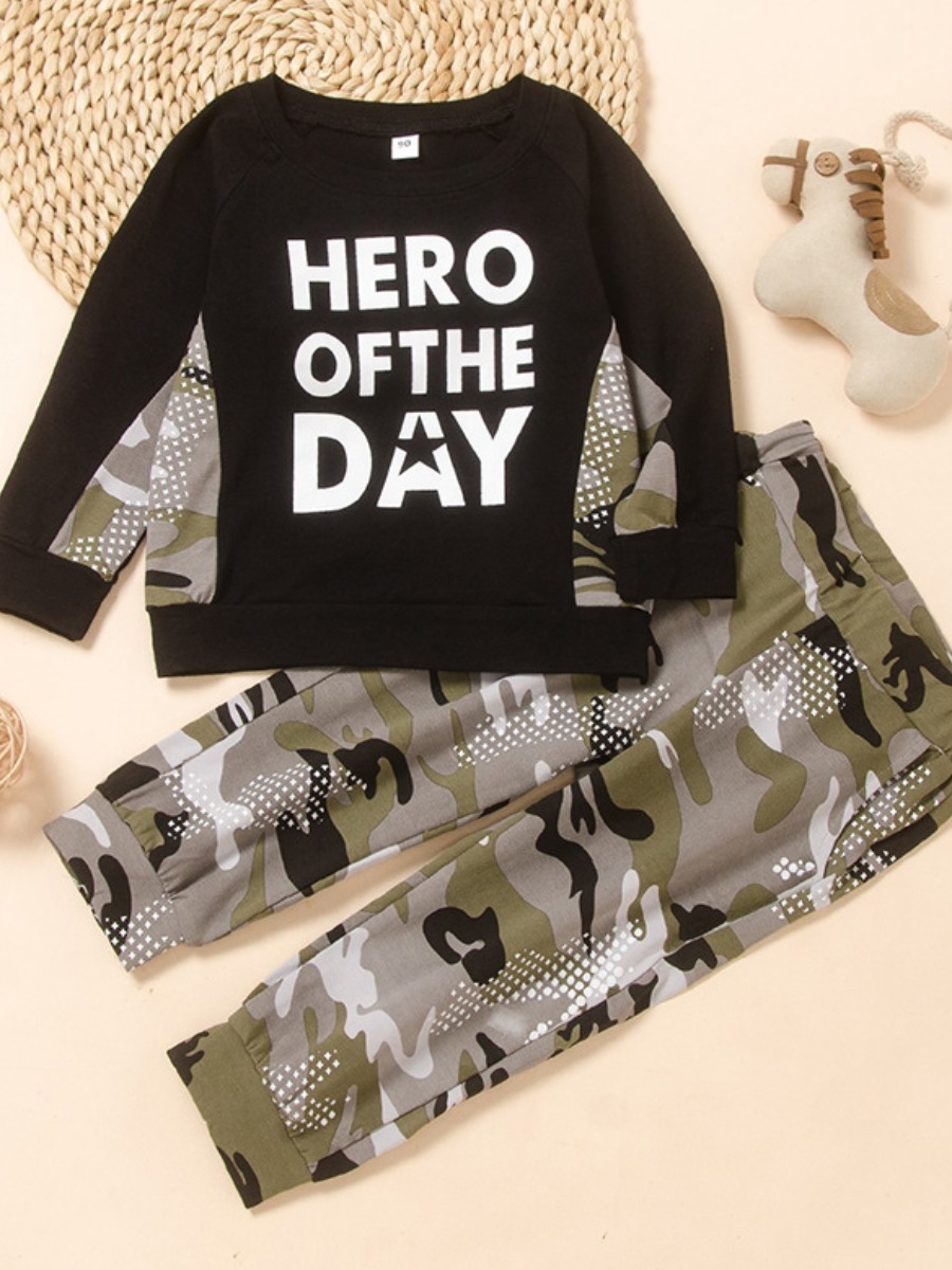 

lovely Casual O Neck Letter Print Black Boy Two-piece Pants Set