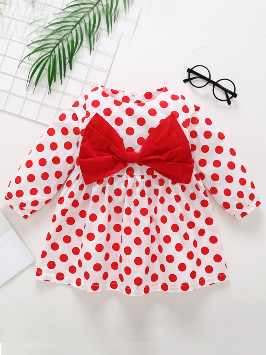 

lovely Stylish O Neck Dot Print Red Girl Knee Length Dress, Red dot