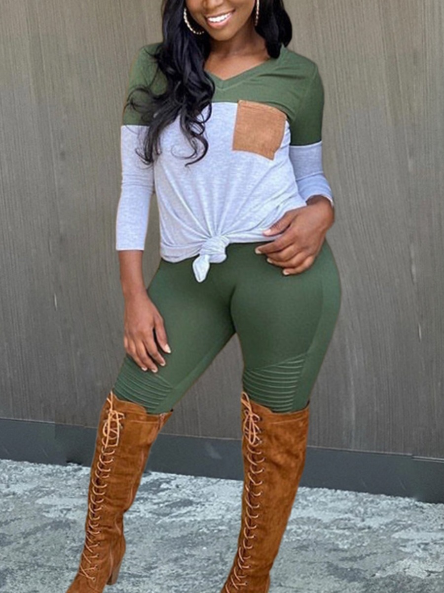 

lovely Casual V Neck Patchwork Green Plus Size Two-piece Pants Set