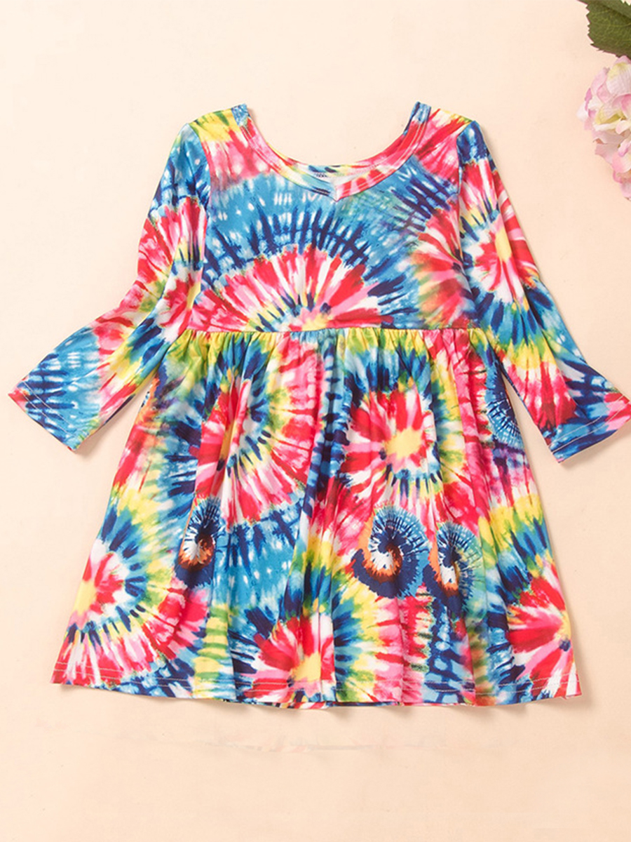 

lovely Stylish O Neck Tie-dye Multicolor Girl Knee Length Dress, Multi