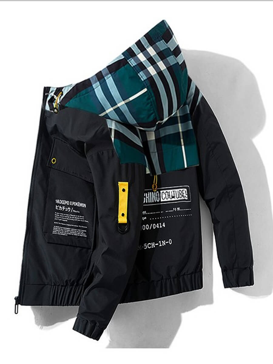 

Lovely Street Hooded Collar Print Patchwork Black Men Jacket