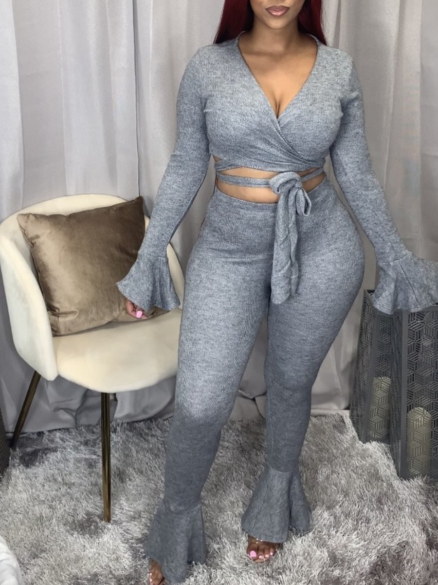 

Lovely Stylish V Neck Lace-up Grey Two Piece Pants Set
