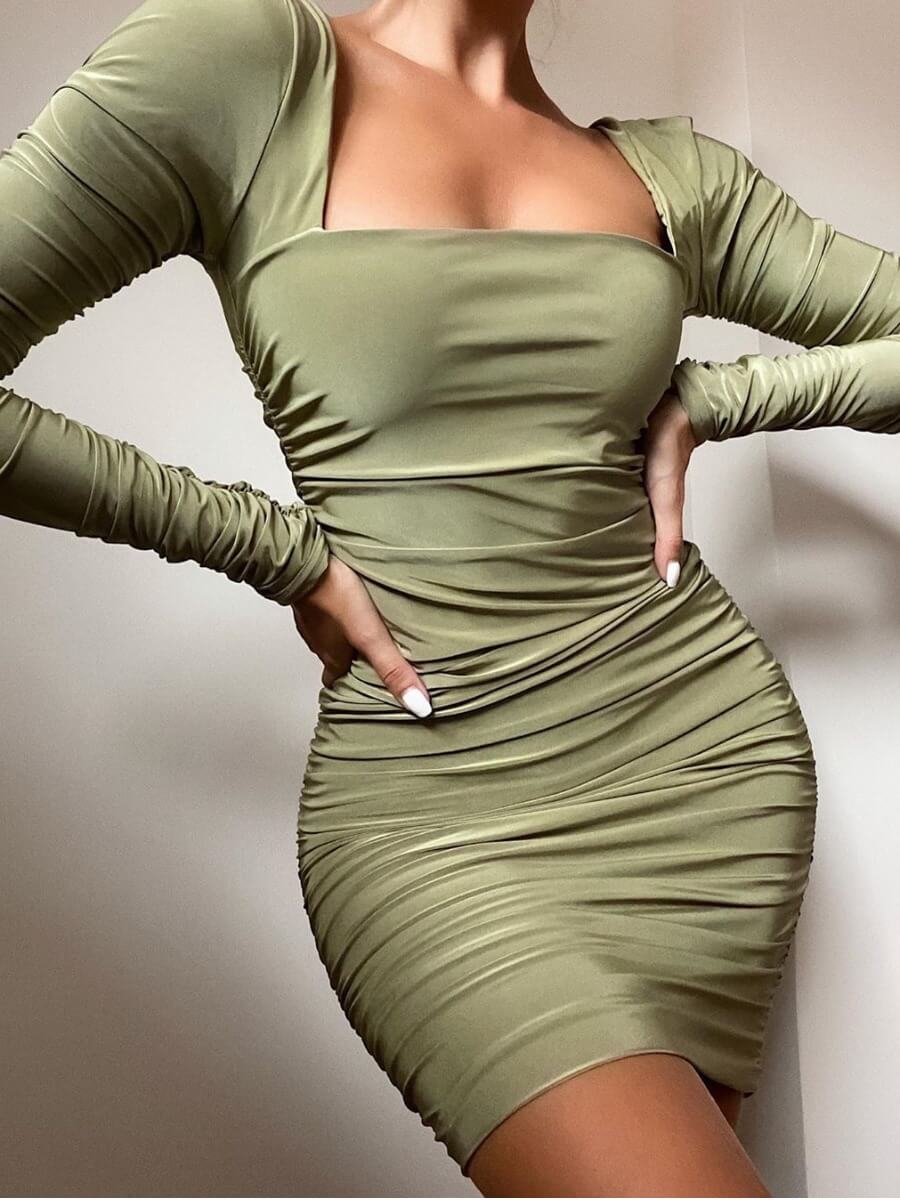 

Lovely Trendy Square Collar Fold Design Green Mini Dress