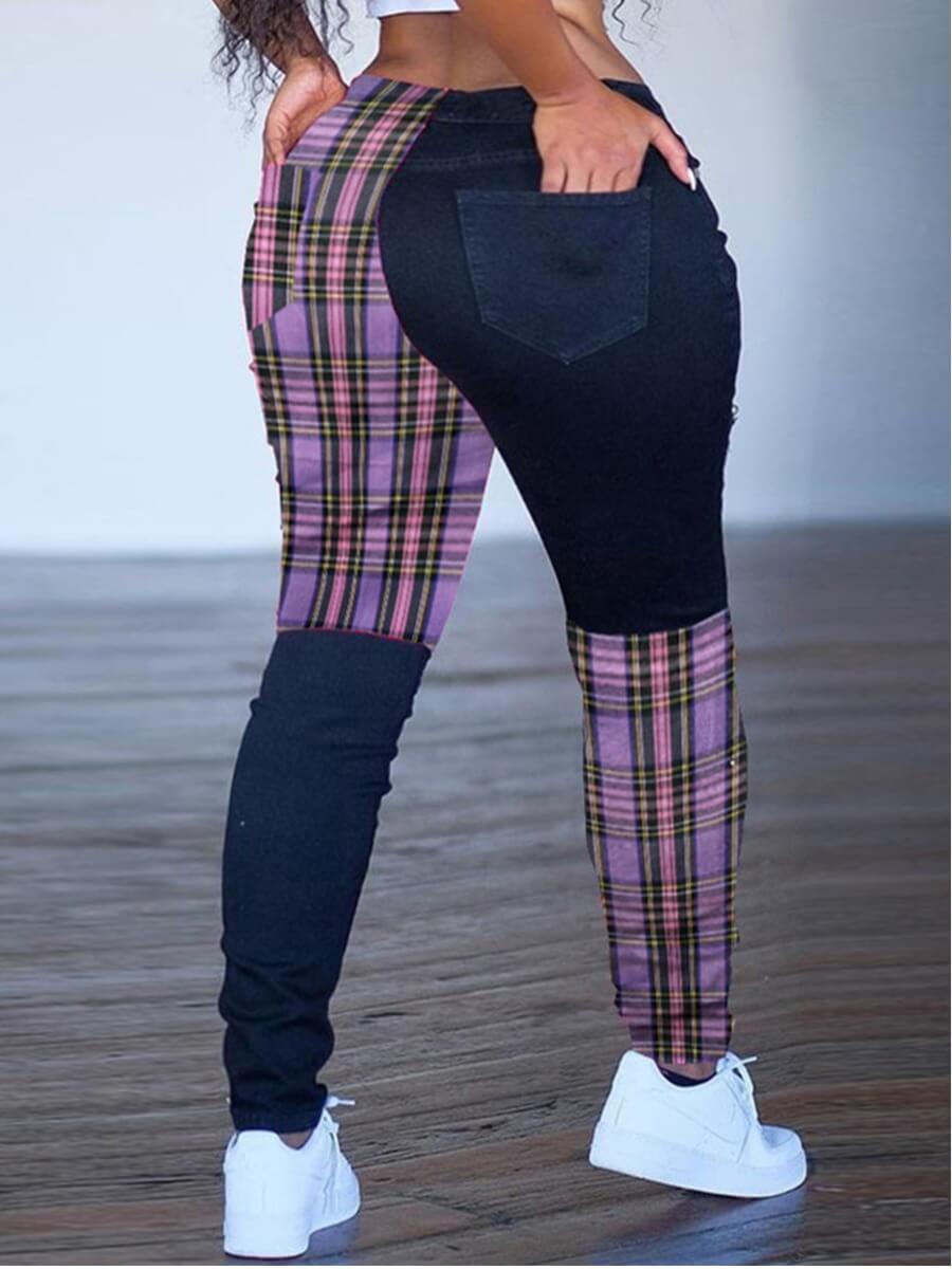 

Lovely Stylish Grid Print Patchwork Purple Plus Size Pants