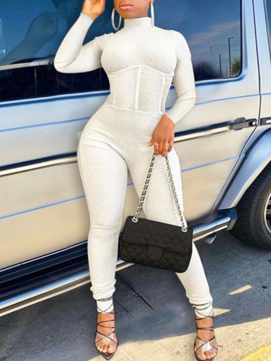 

Lovely Sportswear Turtleneck Backless Skinny White One-piece Jumpsuit