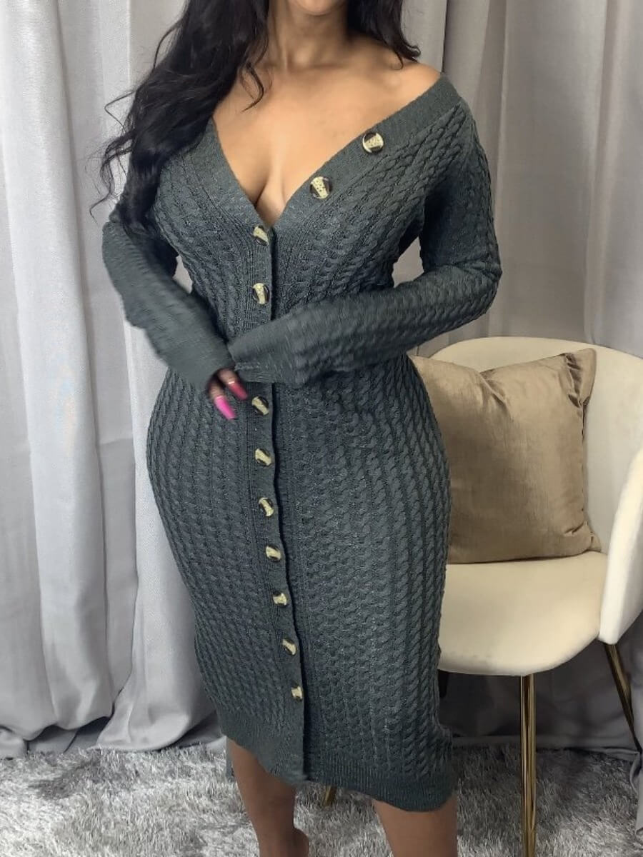 

Lovely Stylish V Neck Buttons Design Grey Knee Length Dress