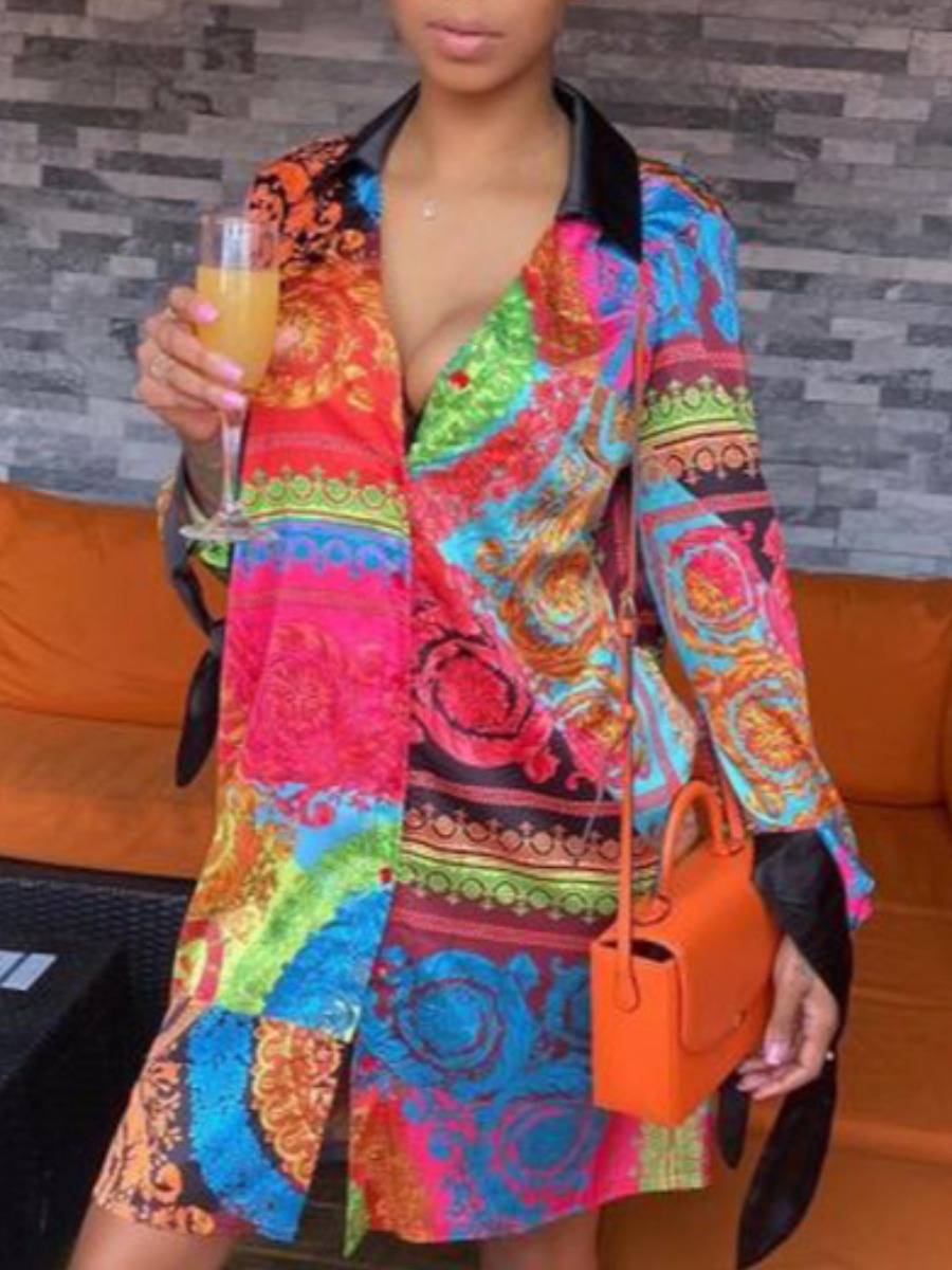

lovely Ethnic Turndown Collar Print Red Knee Length Shirt Dress