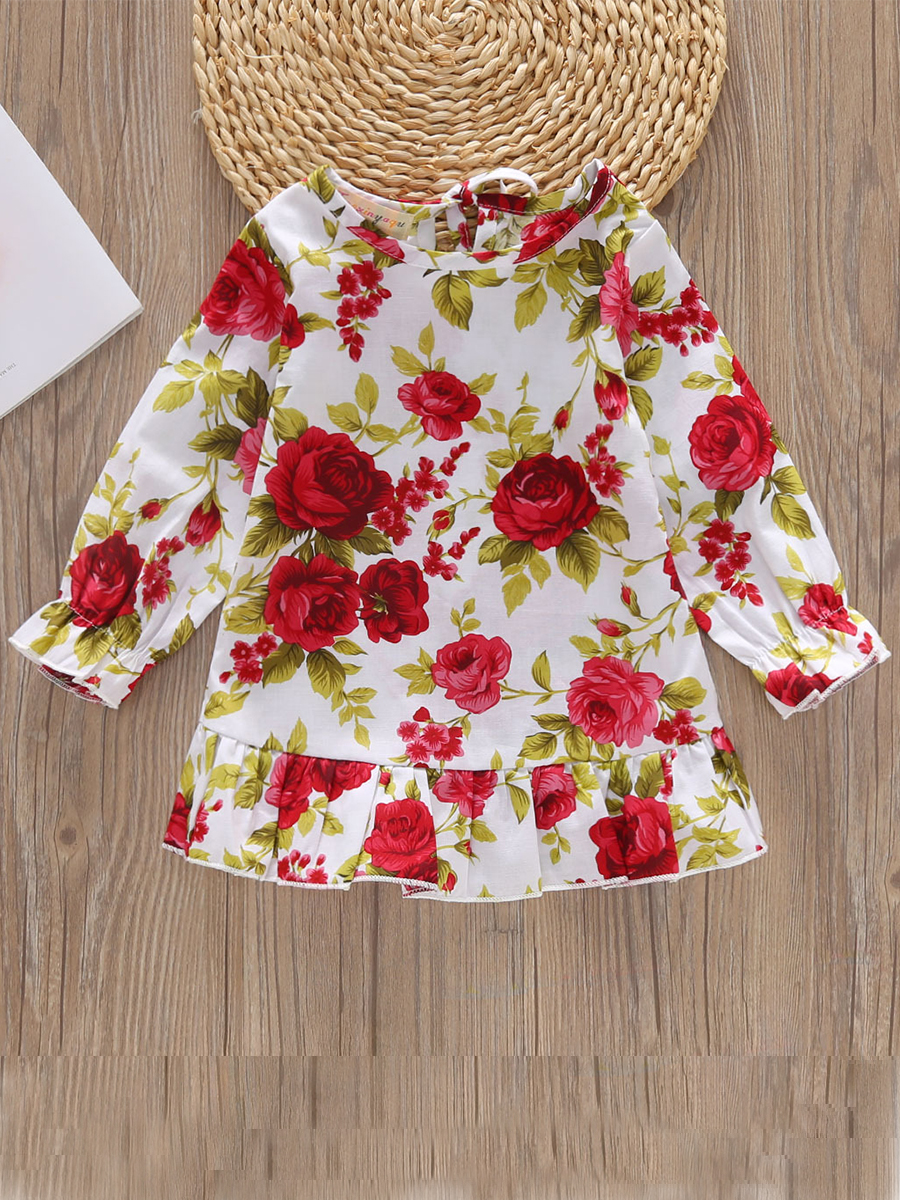 

lovely Trendy O Neck Floral Print Red Girl Knee Length Dress