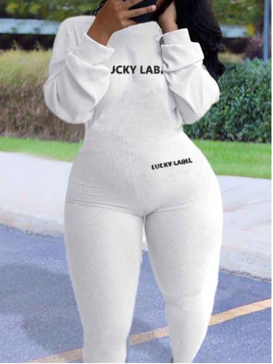 

Lovely Sportswear Letter Print Skinny White Plus Size One-piece Jumpsuit
