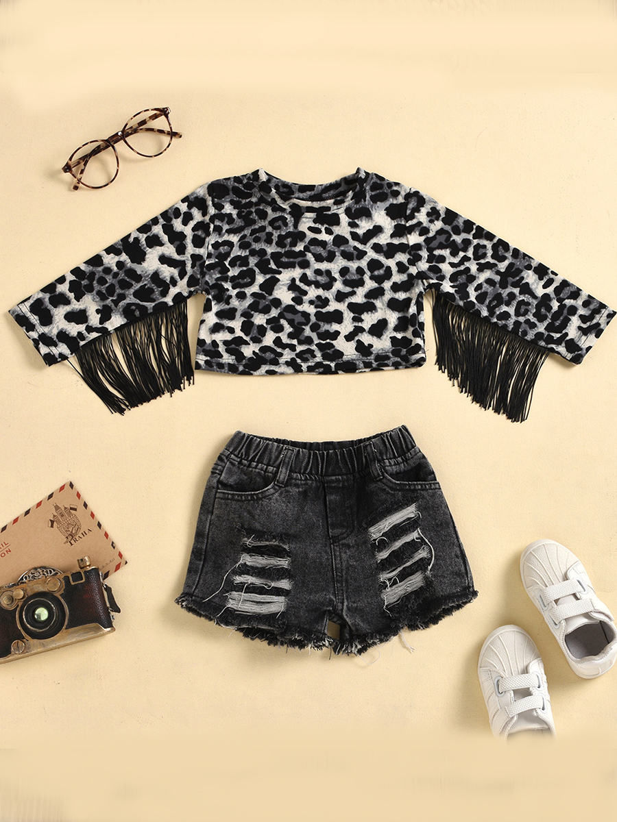 

lovely Trendy O Neck Leopard Print Tassel Design Girl Two-piece Shorts Set