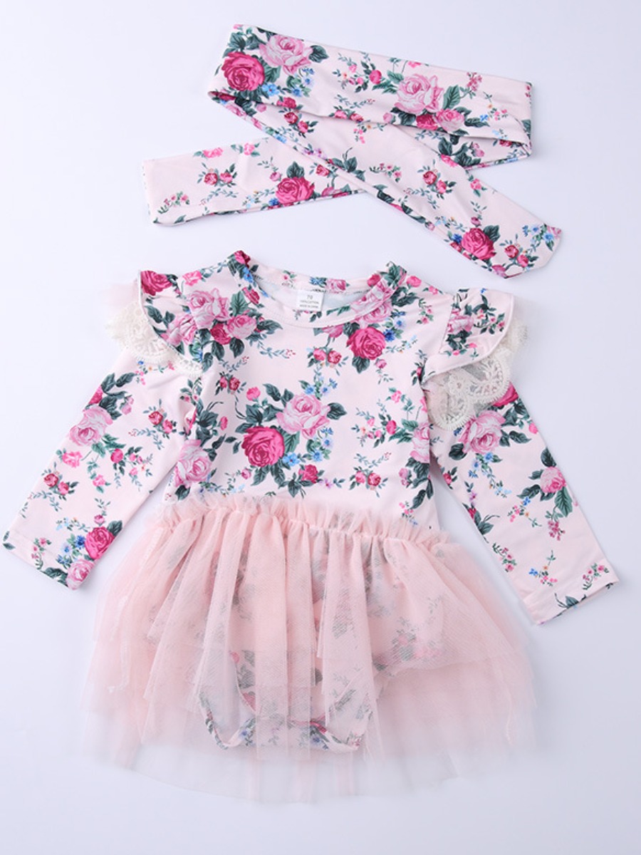 

lovely Sweet O Neck Floral Print Pink Mini Girl Dress