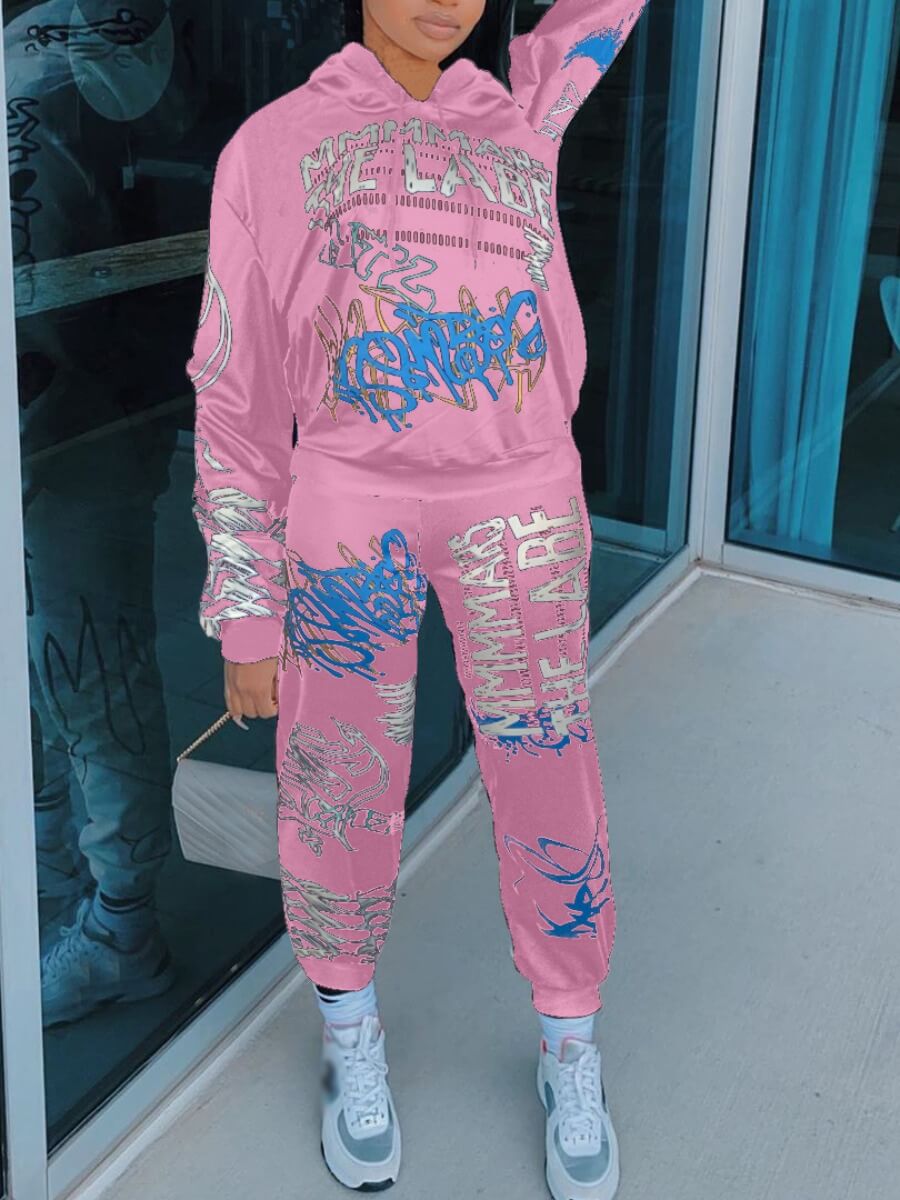 

Lovely Street Hooded Collar Letter Print Pink Two Piece Pants Set