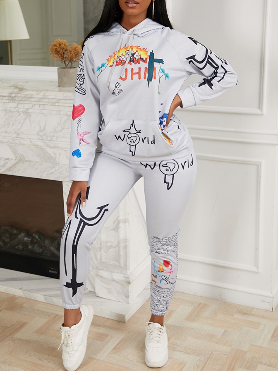 

lovely Sportswear Hooded Collar Print Grey Two Piece Pants Set