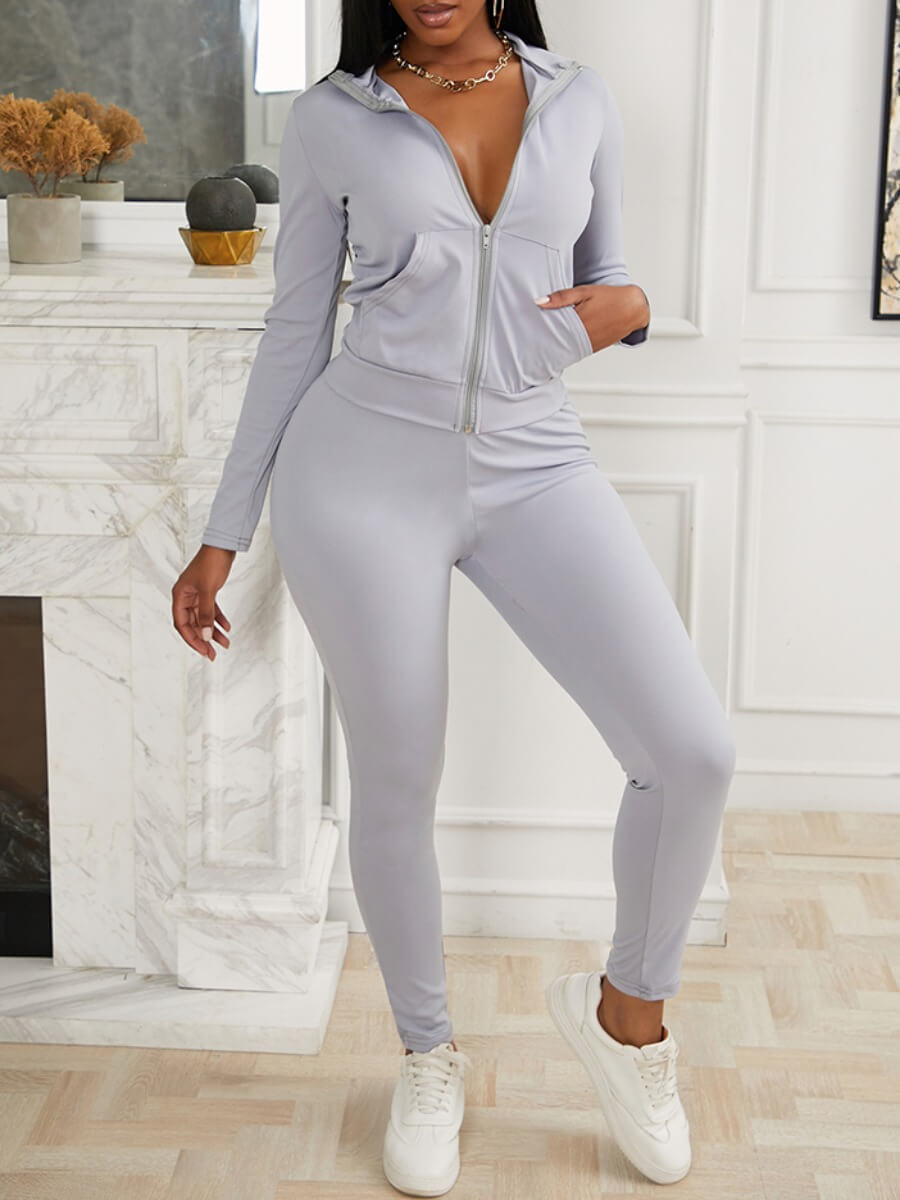 

Lovely Casual Turndown Collar Zipper Design Grey Two Piece Pants Set