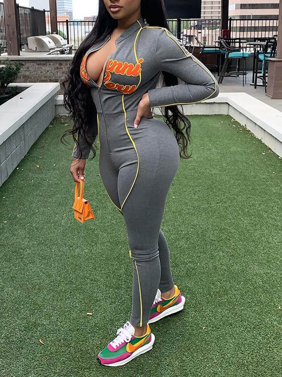 

Lovely Sportswear Letter Print Patchwork Dark Grey One-piece Jumpsuit