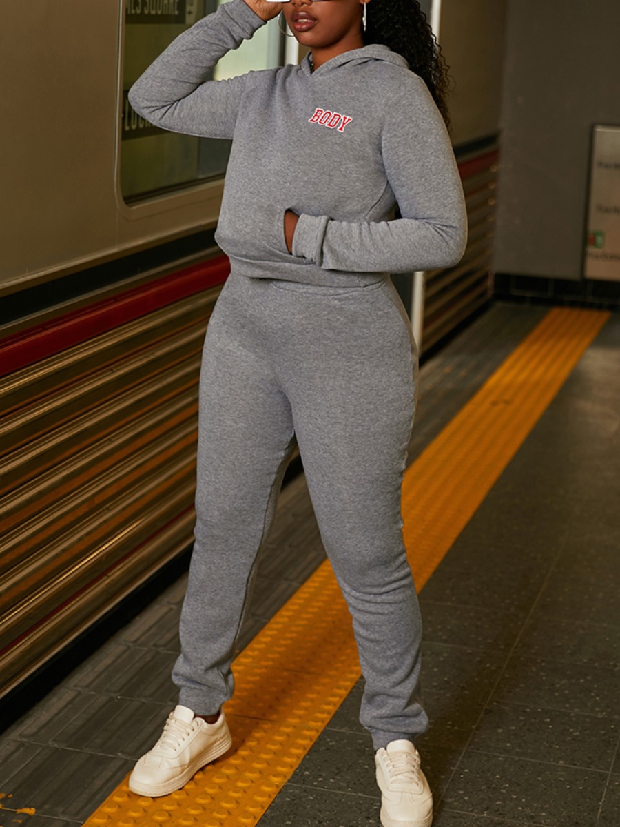 

Lovely Sportswear Hooded Collar Letter Print Grey Two Piece Pants Set