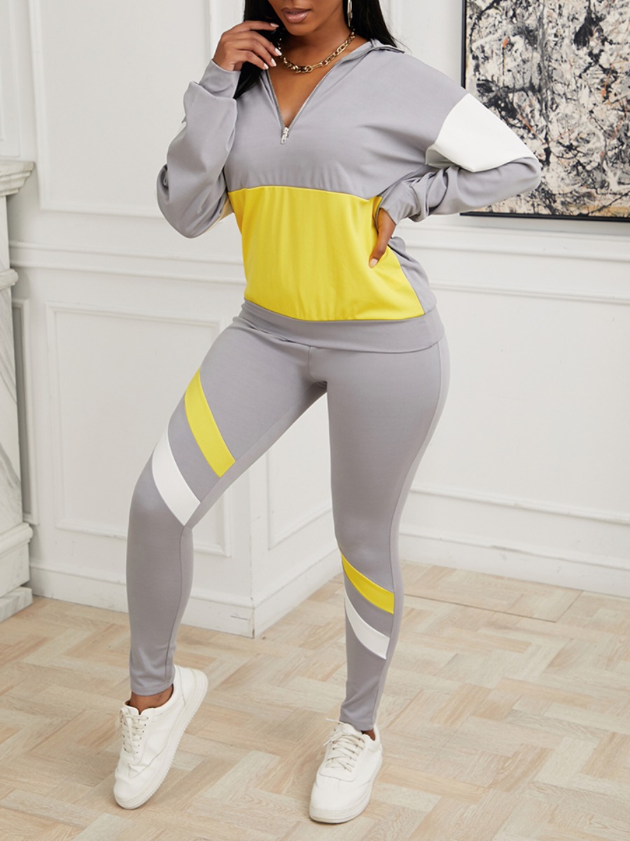 

Lovely Leisure Turndown Collar Patchwork Grey Two Piece Pants Set