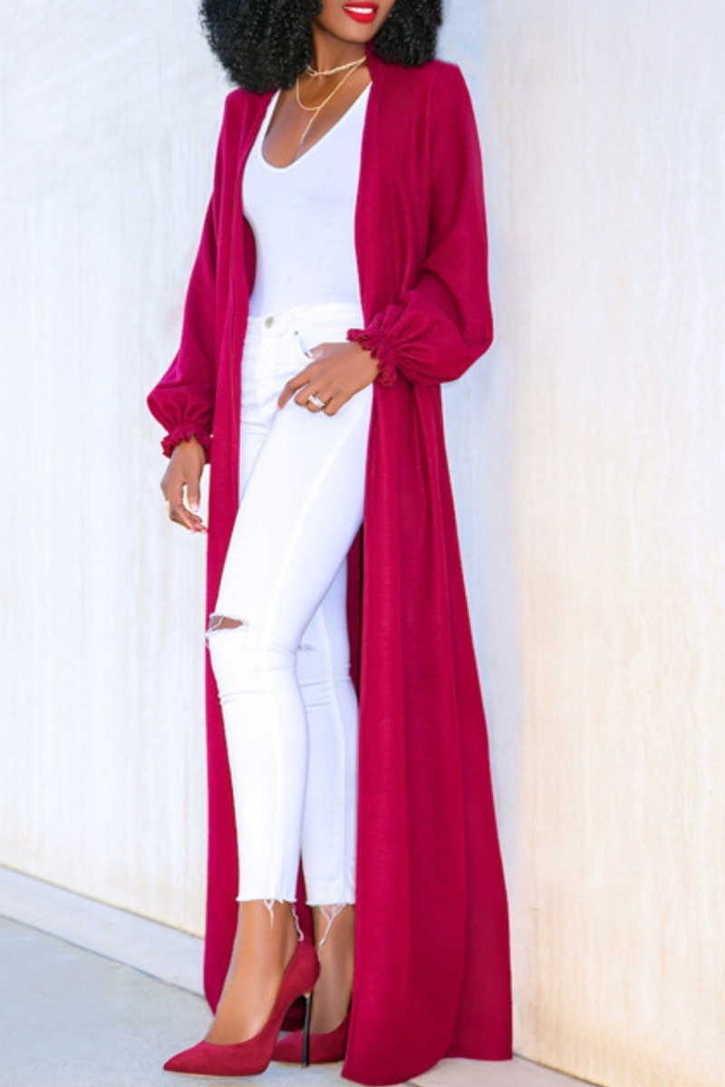 

lovely Trendy Turn-back Collar Basic Red Long Trench Coat