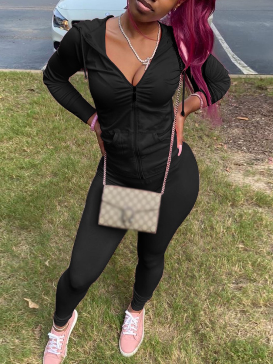 

Lovely Casual Hooded Collar Zipper Design Black Two Piece Pants Set