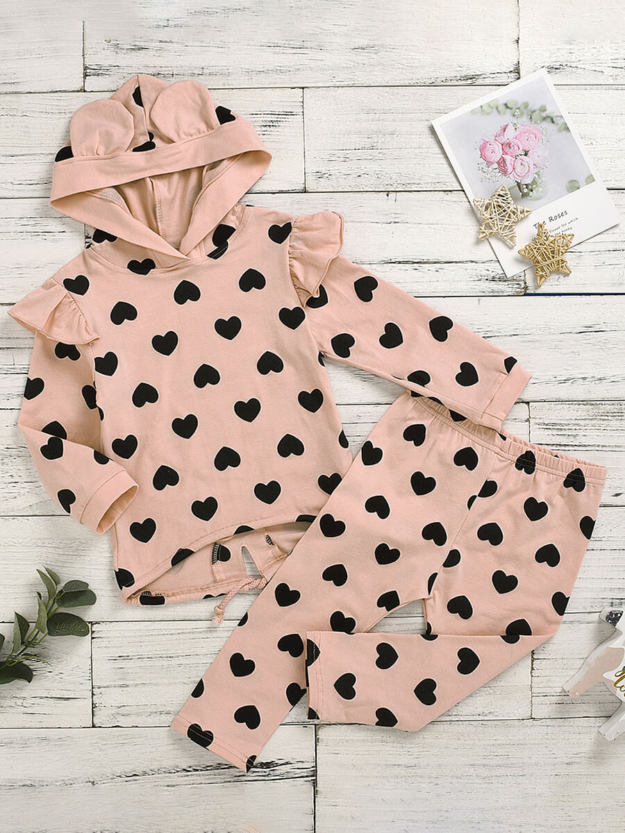 

Lovely Sweet Hooded Collar Heart Print Pink Girl Two-piece Pants Set