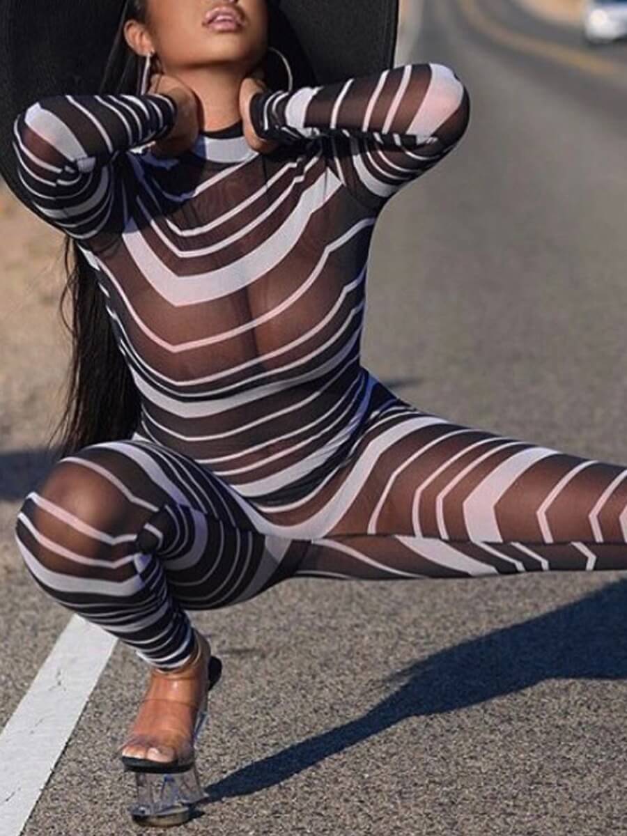 

Lovely Trendy Striped Print See-through Black One-piece Jumpsuit