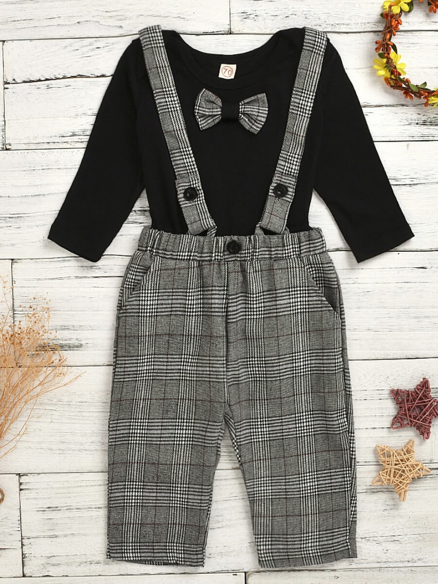 

Lovely Stylish O Neck Grid Print Black Boy Two-piece Pants Set