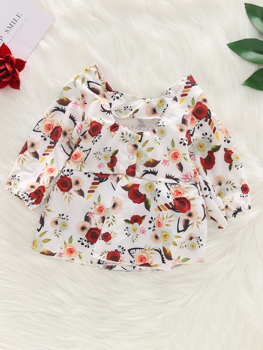 

lovely Sweet O Neck Floral Print White Girl Bodysuit