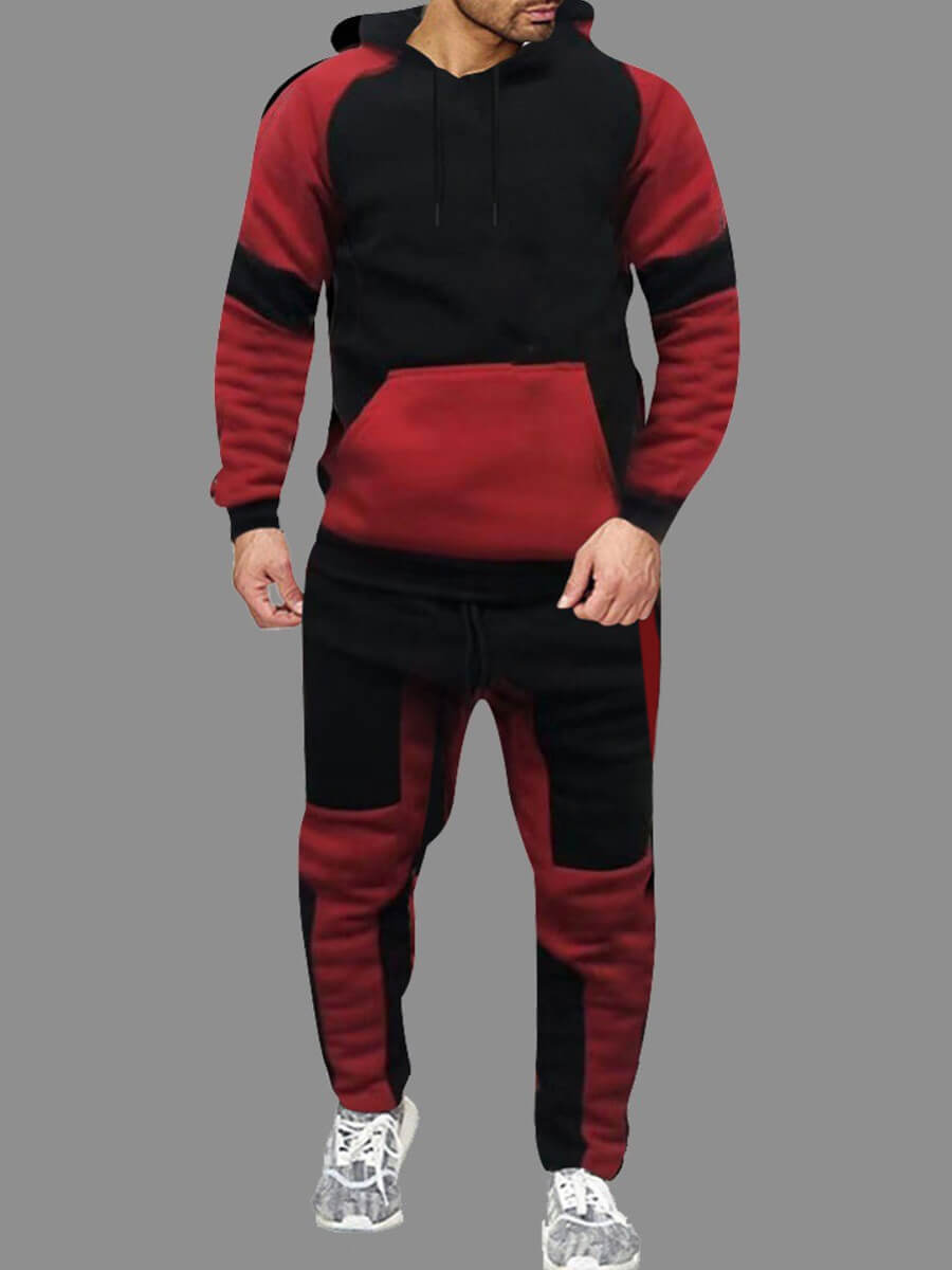

Lovely Men Sportswear Hooded Collar Patchwork Red Two-piece Pants Set