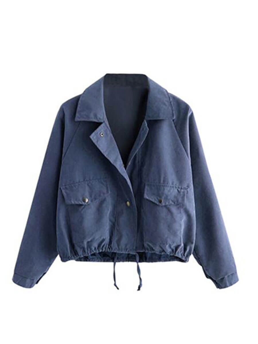 

Lovely Leisure Turndown Collar Pocket Patched Drawstring Deep Blue Coat