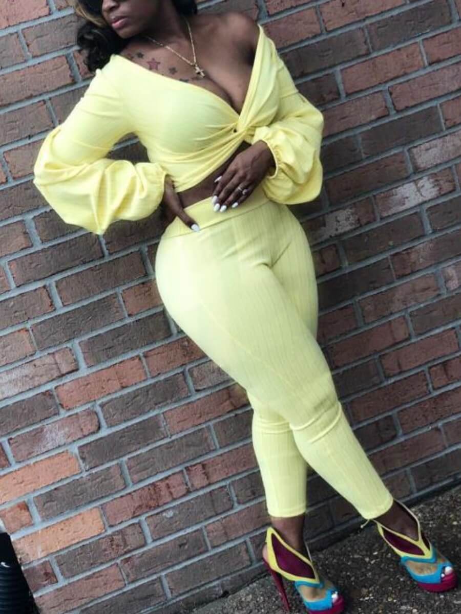 lovely Stylish V Neck Knot Design Yellow Two Piece Pants Set