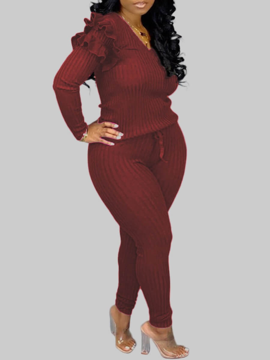 

LW Plus Size Rib-Knit Flounce Design Pants Set, Red