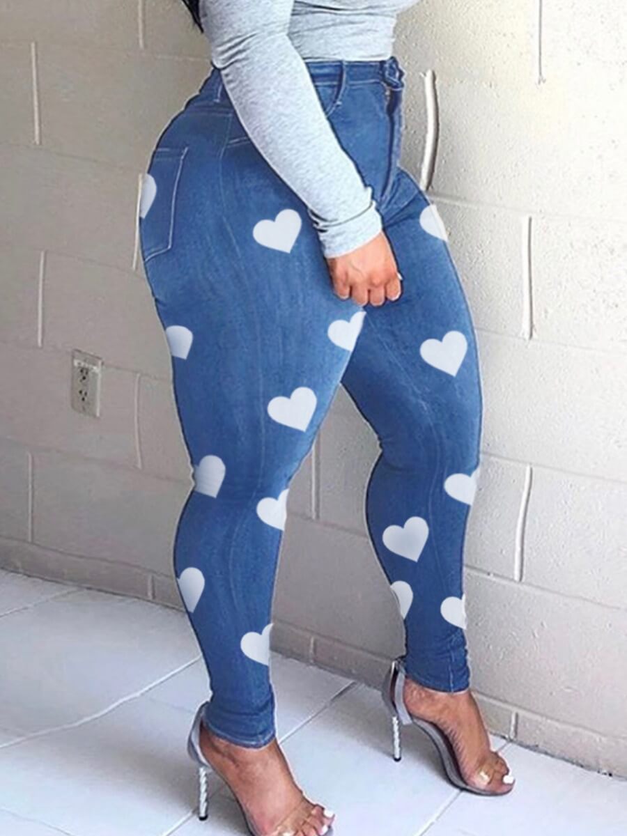 Lovely Stylish Heart Print Blue Plus Size JeansLovelyWholesale