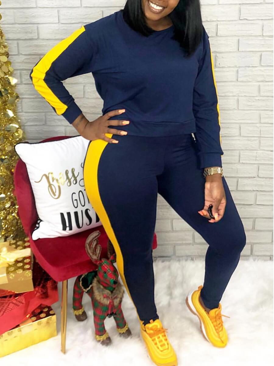 

LW Plus Size O Neck Patchwork Tracksuit Set, Blue