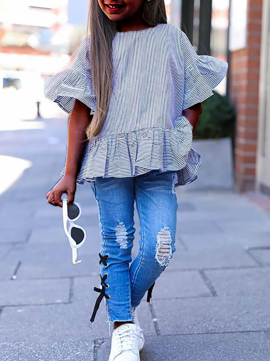 lovely Casual O Neck Striped Broken Holes Navy Blue Girl Two-piece Pants Set