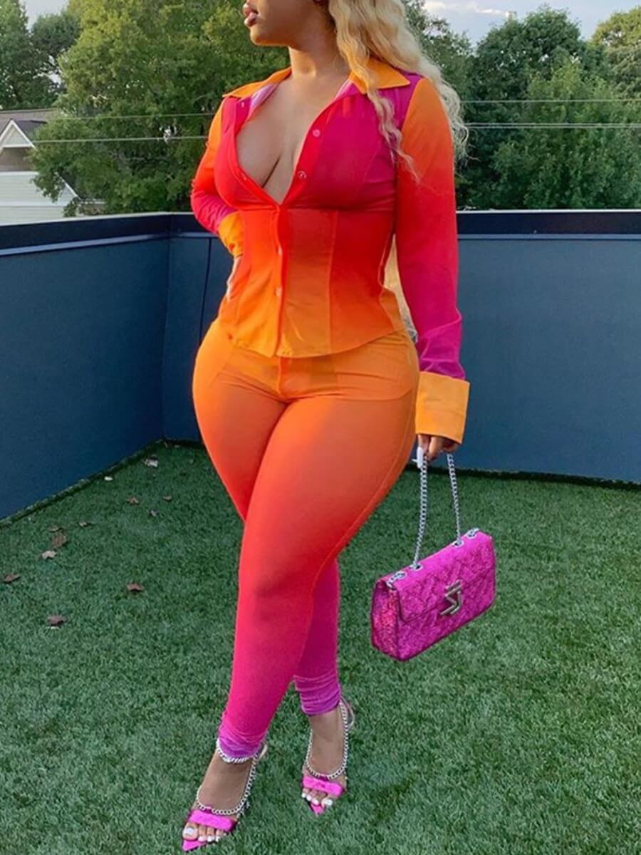 

Lovely Casual Gradient Zipper Design Red Plus Size Two-piece Pants Set
